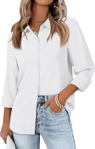 Vista 10 de siliteelon Camisas de manga larga con botones de gasa para mujer: blusas de trabajo con cuello para negocios, oficina, vestidos casuales