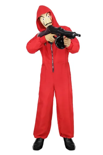 Vista 5 de QUJQOM Disfraz rojo de Halloween, disfraz de dinero, trajes de cosplay para adultos, unisex, para hombres y mujeres, con máscara