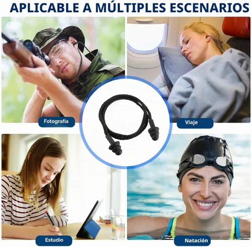 Vista 7 de Xuhal - 100 pares de tapones para los oídos negros con cable a granel, tapones para los oídos de silicona reutilizables