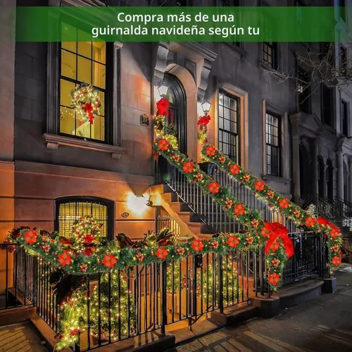 Vista 6 de Guirnalda de Navidad, guirnalda de Navidad con luces, funciona con pilas, 9 pies, de ratán, flores artificiales y vid artificiales de Navidad