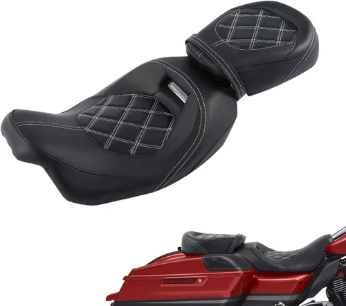 Vista 11 de XFMT Asiento de motocicleta de perfil bajo de dos piezas para 2 personas, asiento para conductor y pasajero para Harley Touring Road King Street