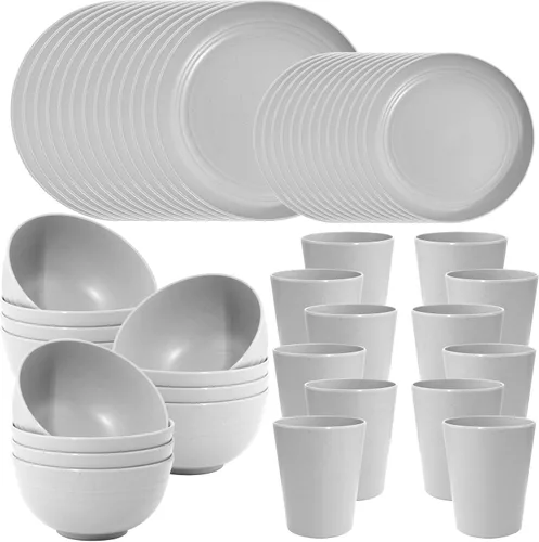 Vista 12 de LIYH Juego de vajilla de paja de trigo de plástico gris de 48 piezas - Juegos de platos y cuencos, juego de platos de camping para 12, platos