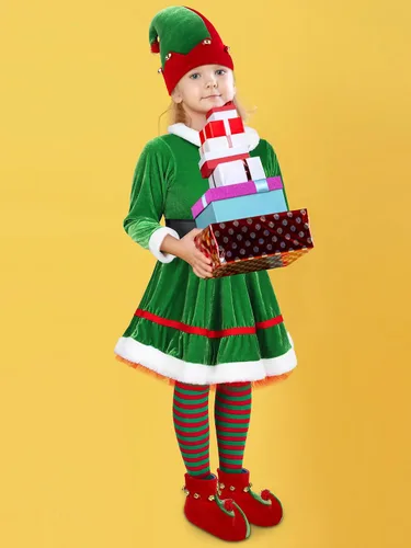 Vista 7 de AOTHSO Conjunto de disfraz de elfo de Navidad para niñas, disfraz de elfo, vestido de terciopelo, sombrero de elfo, cinturón de oreja, calcetines a