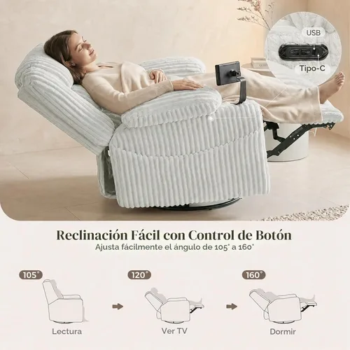 Vista 7 de Sillón reclinable giratorio eléctrico con masaje y calor, USB A y C Gris pálido
