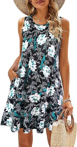 Vista 54 de SimpleFun - Vestidos de verano para mujer, camiseta floral, vestido de playa de estilo bohemio, informal, con bolsillos y sin mangas