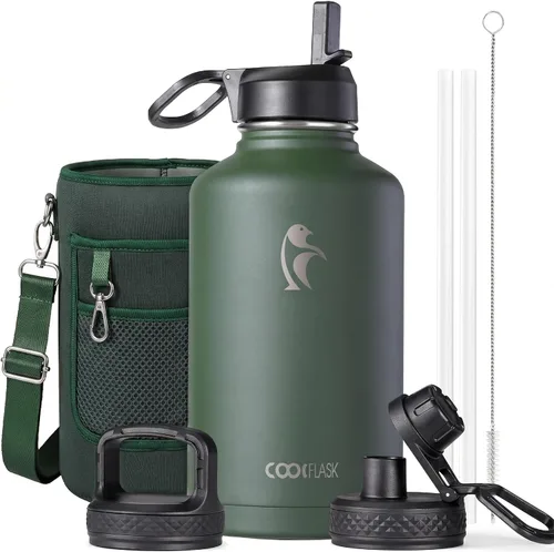 Vista 41 de Coolflask Botella de agua de 20 onzas aislada con pajilla, 3 tapas de metal de acero inoxidable, botella de agua de boca ancha para deportes u