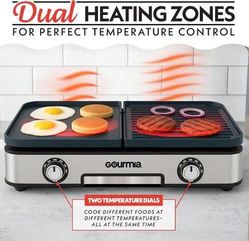 Vista 3 de Gourmia - Combo eléctrico de parrilla y plancha para interiores 3 en 1 – Zonas de cocción duales independientes, placas de cerámica antiadherentes