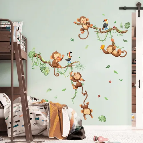 Vista 3 de Calcomanías de pared de árbol trepador de mono, animales de la selva y hojas de vid, calcomanías de pared para guardería, habitación de los niños