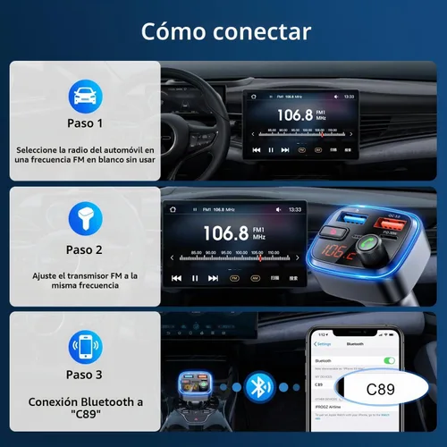 Vista 8 de Adaptador Bluetooth 5.4 de carga USB Bluetooth para automóvil, radio transmisor FM inalámbrico, llamadas manos libres y receptor de audio (azul-48W)