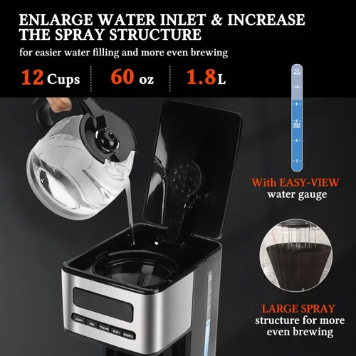 Vista 8 de Taylor Swoden Cafeteras programables de 12 tazas, cafetera para café caliente y café helado, 4 niveles de intensidad de preparación, pantalla LED