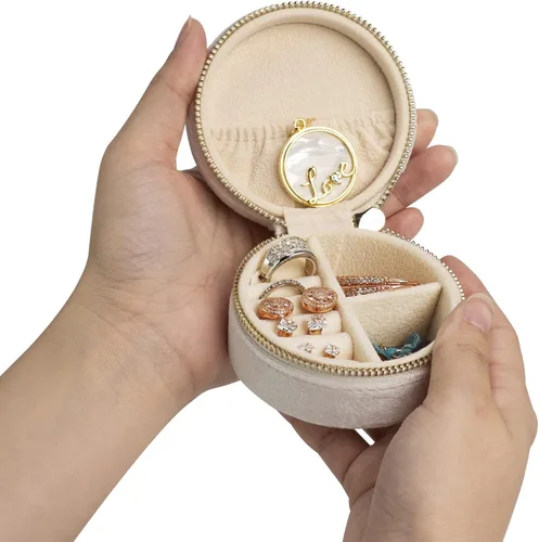 Vista 3 de Joyero pequeño de terciopelo de felpa, organizador de almacenamiento de collares, anillos, mini joyero, organizador de viaje para mujeres y niñas