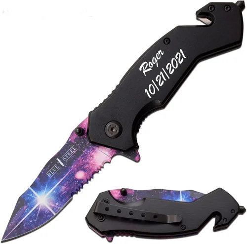 Vista 10 de GIFT INFINITY Navaja de bolsillo personalizada con grabado gratuito – Hoja de acero inoxidable media serrada, mango recubierto de titanio negro