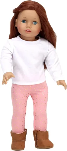 Vista 3 de Sophia's Chaleco metálico con cremallera, leggings de melocotón con lunares dorados, camiseta blanca de manga larga y botas inspiradas en UGG
