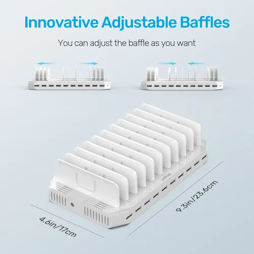 Vista 6 de Unitek Estación de carga múltiple, cargador USB de 10 puertos para múltiples dispositivos con tecnología SmartIC y divisores ajustables, soporte