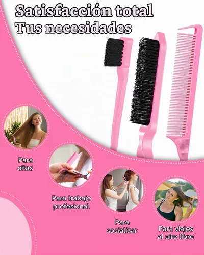 Vista 8 de Cepillo para alisar el cabello hacia atrás, cepillo de borde, set de peines y accesorios para el cabello 3 piezas, peine de cola de ratón