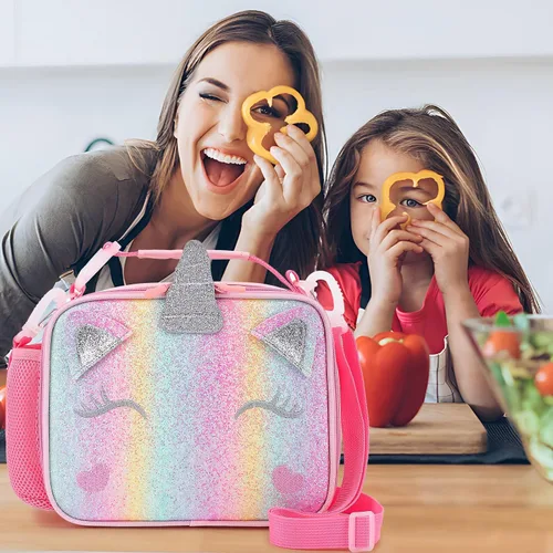 Vista 7 de Lonchera de unicornio para niñas con correas ajustables para el hombro, bonita lonchera aislada a prueba de fugas, con purpurina y brillo, bolsa