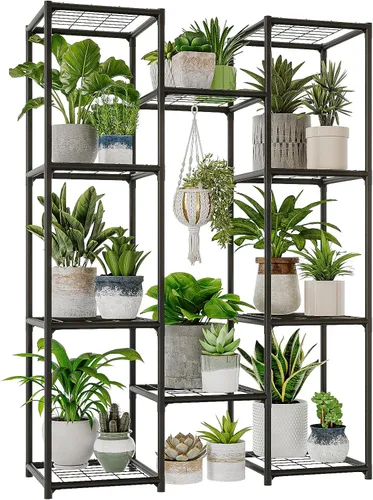Vista 13 de Bamworld - Soporte para plantas con ruedas de madera para interior y exterior, estante para múltiples plantas con 11 macetas, soporte alto y grande