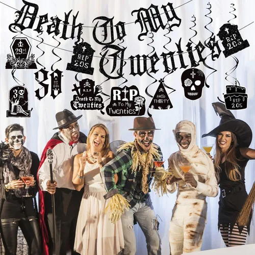 Vista 7 de Decoraciones de Death to My 20 – 14 piezas negras para decoración de fiesta de cumpleaños de 30 años, pancarta colgante de remolinos rasgados a mis