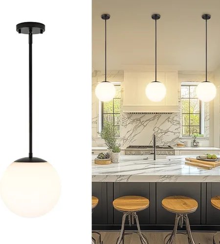 Vista 34 de LMS Lámpara Colgante de Mediados de Siglo de 6 Pulgadas, Lámparas Colgantes de Color Negro Mate con Cristal de Globo Blanco, Lámparas de Techo