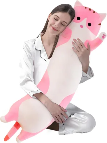 Vista 28 de shangman Bonita muñeca de gato de peluche, bonita almohada de peluche suave de caricaturas, almohada larga para dormir, regalo del día de San Negro