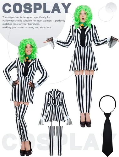 Vista 5 de Halloween Cosplay Set Women's Black White Striped Kit Vertical Stripe Blazer Movie Character Costume