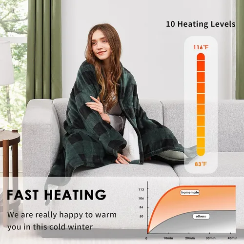 Vista 2 de Homemate Manta eléctrica térmica de 50 x 60 pulgadas, manta térmica de franela ultra suave y acogedora con 10 niveles de calor rápidos, 8 horas