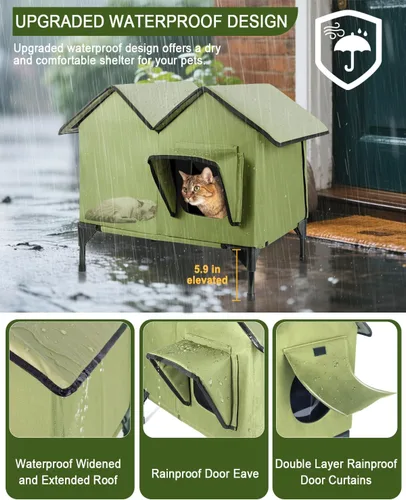 Vista 3 de Casa para gatos al aire libre, casa grande para gatos al aire libre, resistente a la intemperie con base elevada, refugio para gatos al aire libre