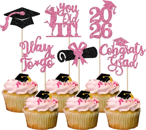 Vista 37 de Paquete de 24 adornos para cupcakes de clase de 2026 con purpurina 2026 para diploma de graduación 2026, selecciones para cupcakes para graduación