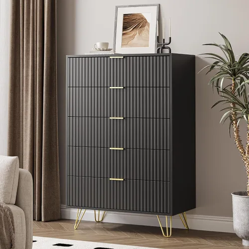 Vista 16 de MAISONARIA Cómoda negra de 3 cajones para dormitorio, cómoda moderna de armario, cómoda acanalada con asas de metal dorado, mesita de noche