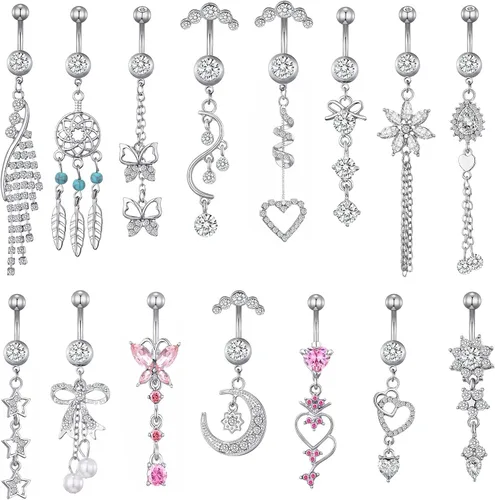 Vista 8 de TAMHOO - Paquete de 15 anillos para ombligo de 14 G de acero inoxidable con circonita cúbica AAA para mujer
