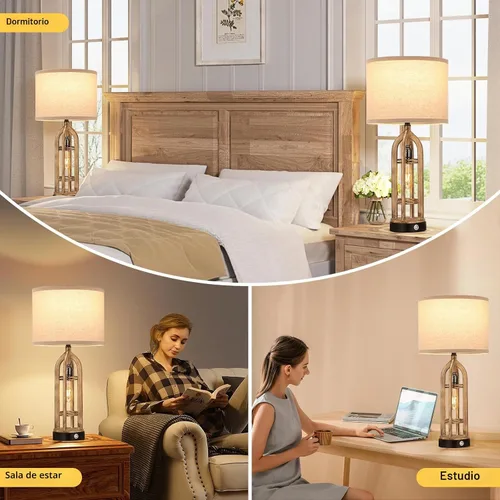 Vista 4 de Seealle Juego de 2 Lámparas de Mesa para Sala de Estar - Lámpara de Noche de Aspecto de Madera para Dormitorio con USB C+A y Enchufe, Lámparas de D.