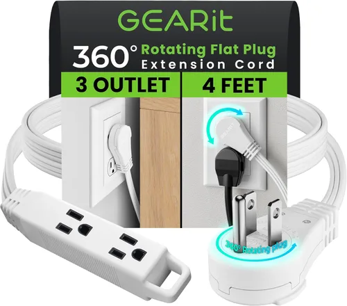 Vista 16 de GEARit Cable de extensión de enchufe plano giratorio de 360° de 3 pies, cable de alimentación de perfil bajo de 3 salidas, ahorro de espacio