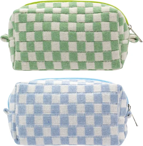 Vista 53 de PAZIMIIK Bolsa de Maquillaje a Cuadros para Bolso Portátil con Cremallera, Estuche Pequeño de Cosméticos para Accesorios de Viaje, Azul Ártico