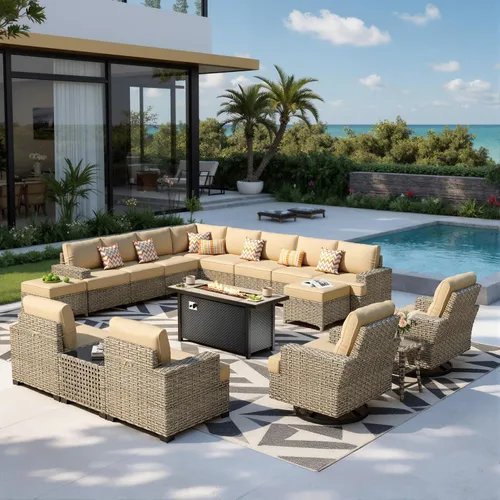 Vista 64 de HOOOWOOO Juego de muebles seccionales de patio con mesa de luz solar, 6 piezas de mimbre para exteriores, sofá en forma de L, juego de conversación