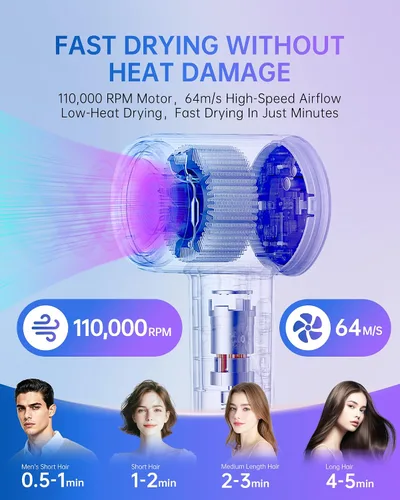 Vista 2 de Secador de pelo iónico de plasma con difusor, secador de pelo de alta velocidad de 110000 RPM, secador de pelo profesional de secado rápido