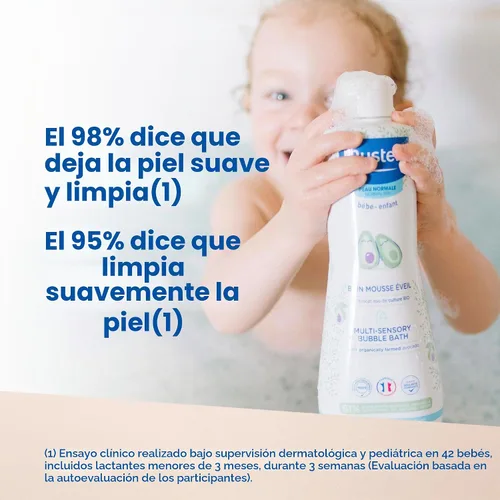 Vista 3 de Mustela Baño de burbujas multisensorial para bebés con aguacate natural, fórmula biodegradable, 6.76 onzas, el embalaje puede variar
