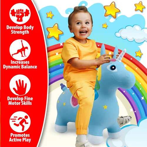 Vista 2 de Small World Toys Gertie - Caballo de unicornio hinchable, animales hinchables para niños pequeños de 1 a 3 años, juguete inflable de salto