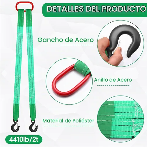 Vista 4 de Paquete de 2 Eslingas de Elevación con Ganchos, Eslingas de Red, Capacidad de Poliéster, Eslinga de Brida, Correas de Elevación de Servicio Pesado