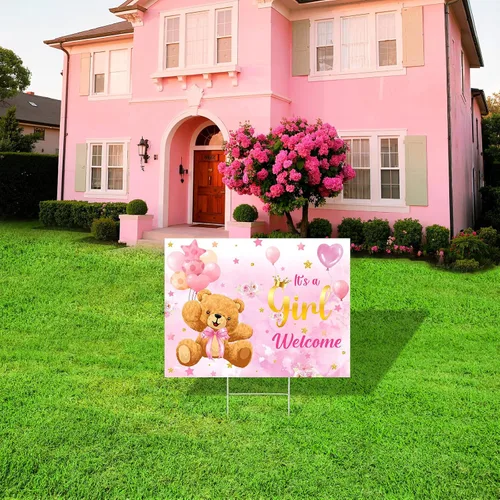 Vista 4 de Letrero de bienvenida para el patio de la niña con tema de oso lindo cartel de baby shower con estaca rosa revelación de género decoración de césped