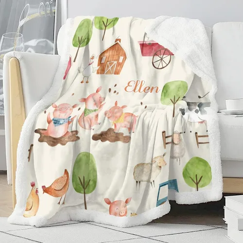 Vista 3 de Divertidas mantas de sherpa personalizadas con animales de granja para niños y niñas, suave manta para siesta de recién nacido, regalo de ducha, 30