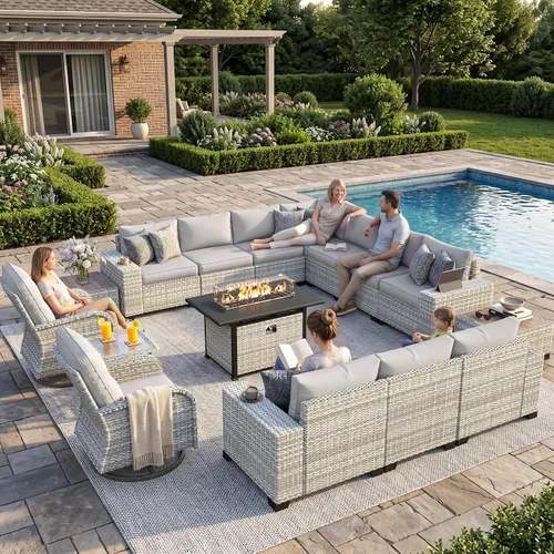 Vista 14 de Muebles de patio al aire libre conjunto PE mimbre ratán al aire libre sofá seccional Gris