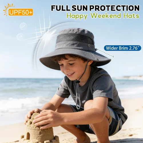 Vista 2 de Sombrero de sol para niños con protección solar UPF 50+, sombrero de pescador para niños y niñas, ala ancha, verano, playa, pesca, safari, sombrero