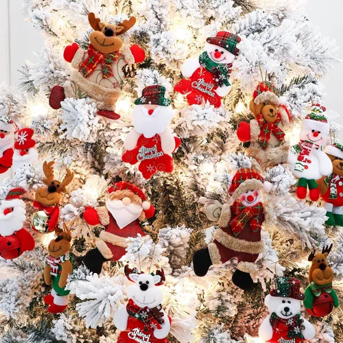 Vista 7 de Skylety 16 adornos de felpa para árbol de Navidad, Papá Noel, muñeco de nieve, oso, decoración de árbol de Navidad, colgantes de felpa, adornos