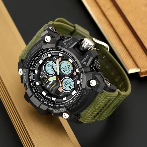 Vista 4 de Reloj analógico de cuarzo para hombre con doble pantalla y alarma digital con iluminación LED