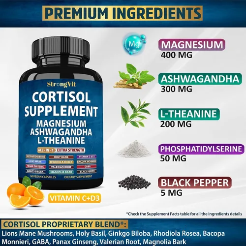 Vista 2 de StrongVit Suplementos de cortisol para mujeres y hombres con magnesio, ashwagandha y L-teanina. Reductor alto de cortisol, gestor, desintoxicación