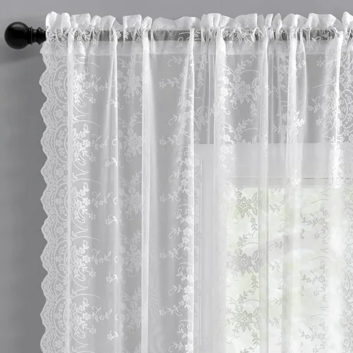 Vista 9 de Kotile - Cortinas de encaje beige de 45 pulgadas de largo para ventanas de cocina, 2 paneles, cortinas de encaje floral de vid traslúcidas