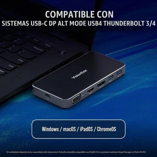 Vista 5 de VisionTek VT210 - Estación de acoplamiento USB-C de doble pantalla con paso de alimentación - DP, HDMI, VGA, 2X USB-A, 1 USB-C para Windows, Mac