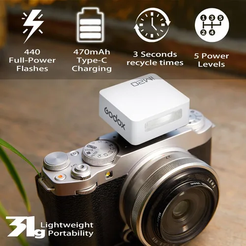 Vista 2 de Godox Flash Godox iM20 - Flash de cámara GN10/470 mAh/Tipo C/440 Flashes de potencia completa/3s tiempos de reciclaje/5 niveles de potencia/manual