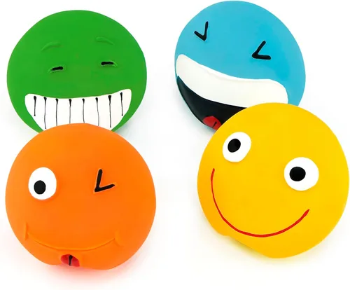 Vista 9 de CHIWAVA Paquete de 4 juguetes chirriantes de látex de 3.2 pulgadas para perros con cara sonriente, juego interactivo para perros pequeños