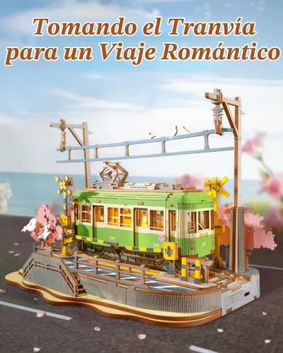 Vista 2 de Rolife Sakura Journey Tram - Rompecabezas de madera 3D para adultos, kits de construcción de modelos de bricolaje con luces LED, regalo creativo